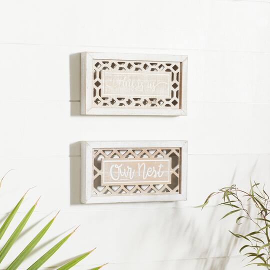 Set of 2 Beige Wood Farmhouse Sign Wall Decor
